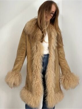 Faux Shearling Trim Tan Coat for Women